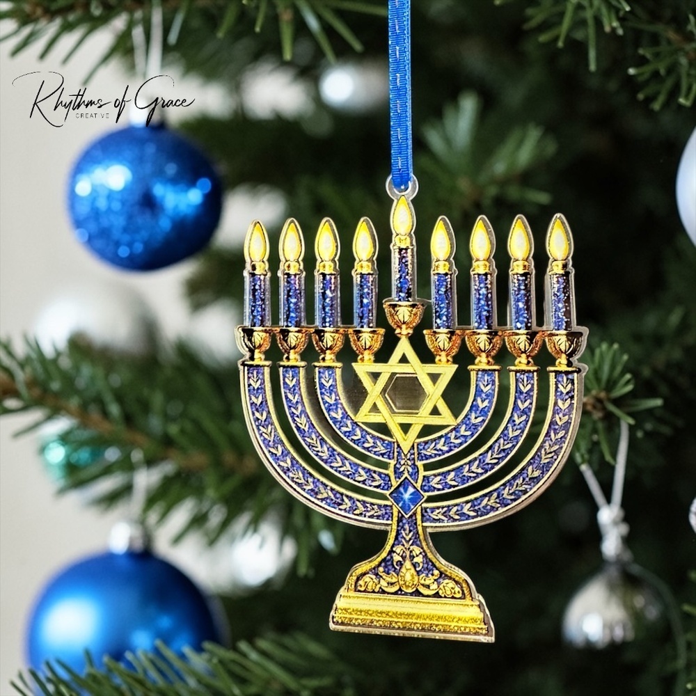 Menorah Ornament Hanukkah Tree Decor Blue Gold Jewish Holiday Gift - Picture 1 of 9